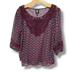 Nordstrom Bobeau Women's semi-sheer Lace Front Printed Blouse in Burgundy  large